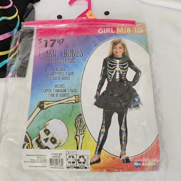Girls FLASHY BONES Rainbow Skeleton Costume Size Large Leggings Gloves - Picture 4 of 6